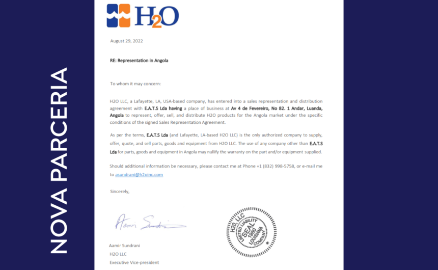 E.A.T.S. assina nova parceria com a empresa H2O para ser representante exclusivo para o mercado Angolano