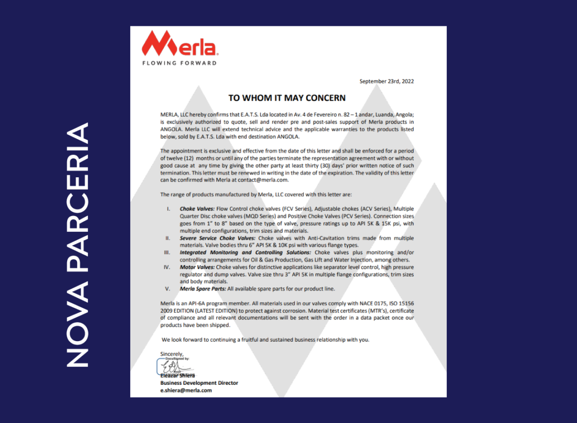 E.A.T.S. assina nova parceria com a empresa Merla para ser representante exclusivo para o mercado Angolano